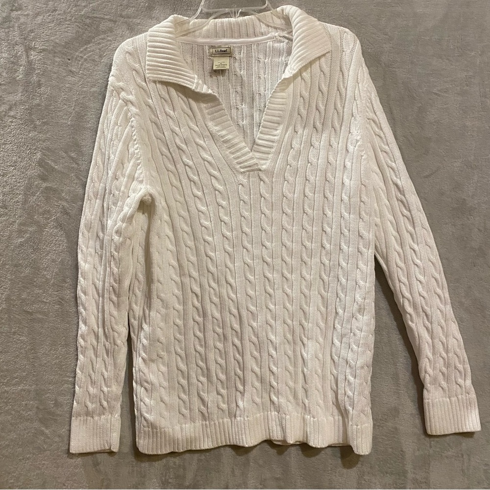 LL Bean Sweater Wonens XL White Cableknit Vneck Cotton Long Sleeve Pullover